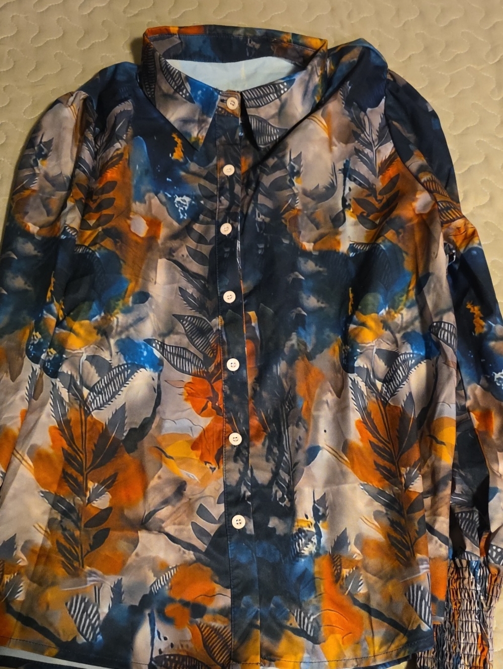 Women's Blue & Orange Printed Button-Front Shirt Jacket